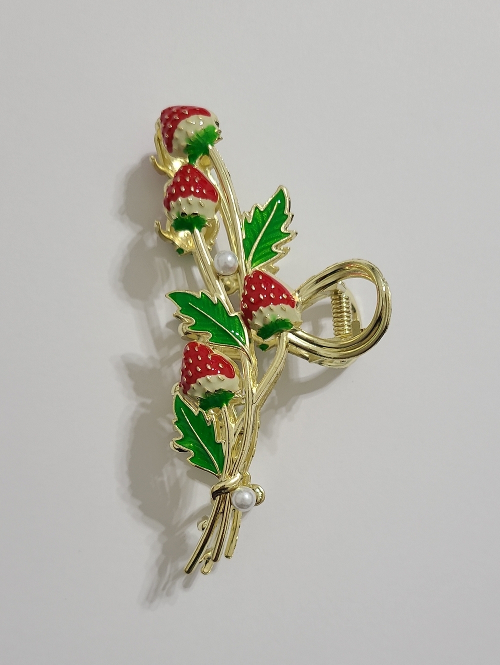 Gold-tone Strawberry Leaf Hair Claw Clip with Red & Green Enamel NWOT
